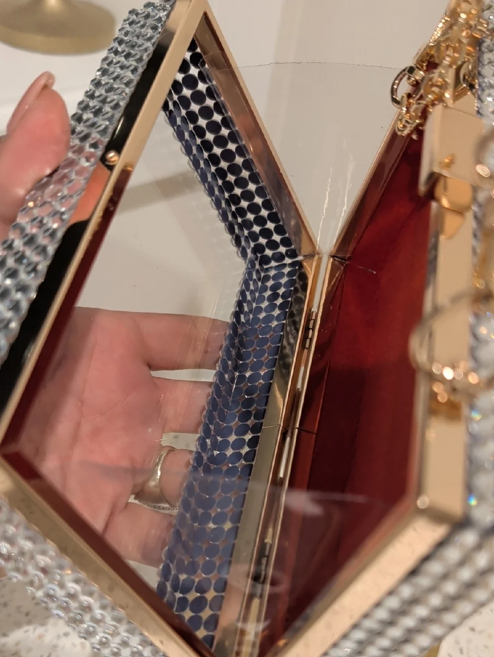 Upcycled Monogram Crystal-Trim Box Clutch with Clear Chain